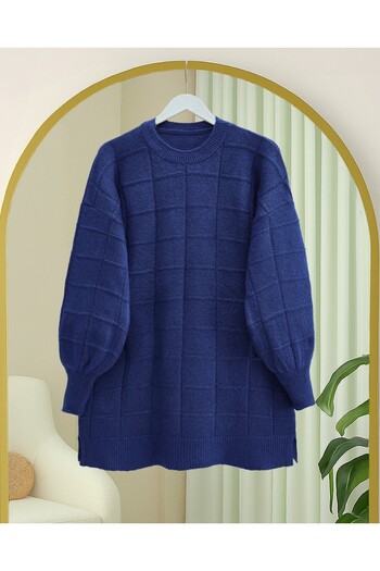 Modamorfo Square Patterned Slit Soft Knit Tunic - Navy