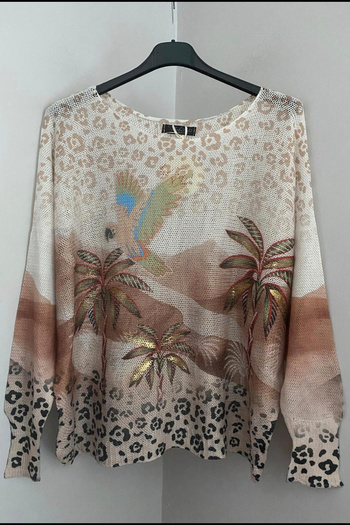 AYASOFYA OTANTIK Women's Italian Beige Gilded Palm Tree Pattern Detailed Batwing Sleeve Mercerized Blouse Sweater
