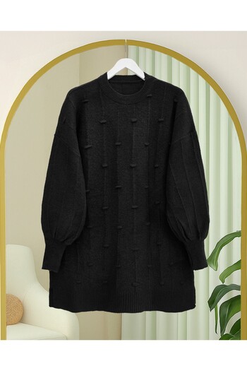 Modamorfo Soft Knit Sweater with Side Slits and Pompoms - Black