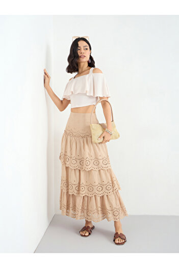 Styli Beige Schiffli Layered Maxi Skirt