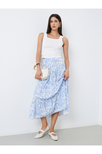 Take Two By Styli Floral Print Elastic Waist A-Line Midi Skirt