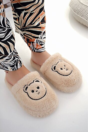 LUCKY COLLECTİON Women's Beige Plush House Slippers – Soft, Warm, Non-Slip Sole Winter Indoor Teddy Bear Character Slippers