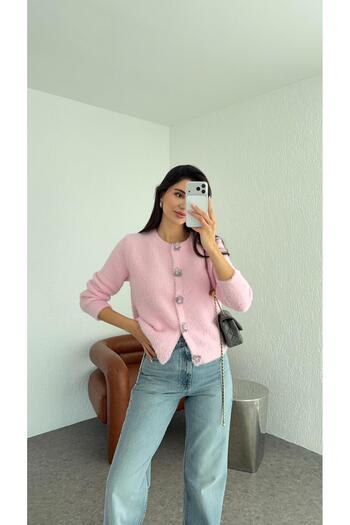 HAZELANNA Beaded Buttoned Pink Cardigan