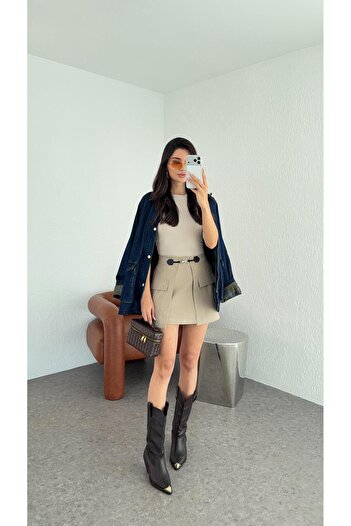 HAZELANNA Beige Shorts Skirt with Hook Buckle