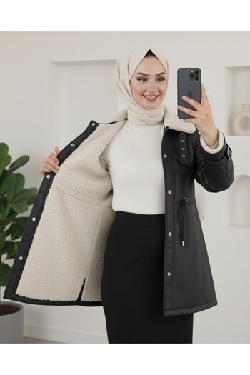 Modamorfo Tunnel Laced Leather Coat with Fur Inside, Snap Fasteners and Pockets - Black