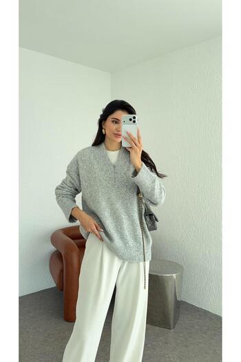 HAZELANNA V-Neck Gray Wool Effect Sweater