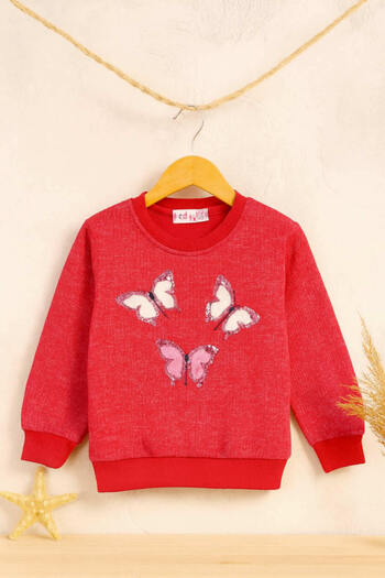 krm kerem bebe Thick Winter Fleece-Lined Girl's Sweatshirt with Butterfly Embroidery