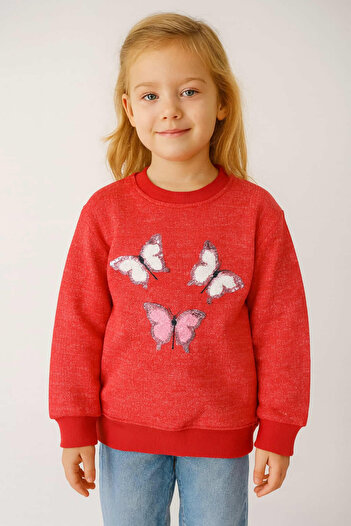 krm kerem bebe Thick Winter Fleece-Lined Girl's Sweatshirt with Butterfly Embroidery