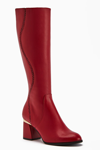 Limoya Kaylin Genuine Leather Red Snake Pattern Detailed Women's Heeled Boots