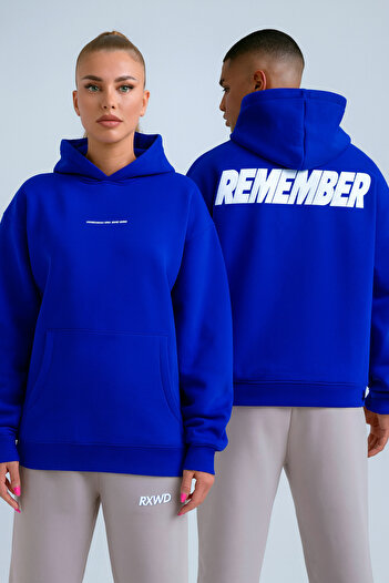 CLASSY.MODA Unisex Remember Text Printed Hooded Oversize 3 Thread Sweatshirt with Kangaroo Pocket