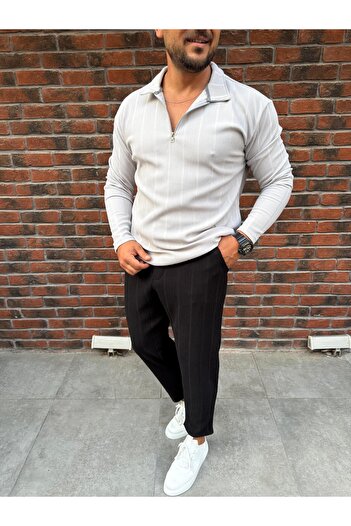 Baycombine35 Vertical Striped Ottoman Fabric Zipper Detailed Men's Tracksuit Set
