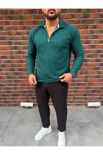 Baycombine35 Vertical Striped Ottoman Fabric Zipper Detailed Men's Tracksuit Set