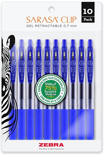 Zebra Pen Sarasa Clip Retractable Gel Pen, Medium Point, 0.7mm, Blue Ink, 10-Pack