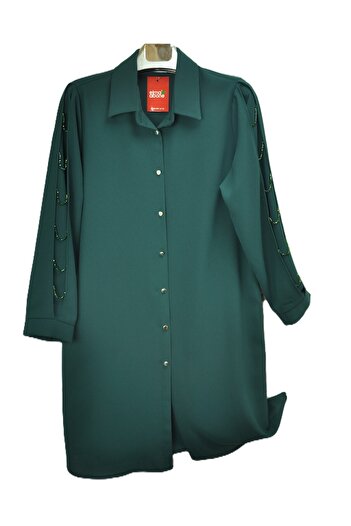 elma abone Crepe Crystal Stone Detailed Tunic Plus Size Tunic Shirt