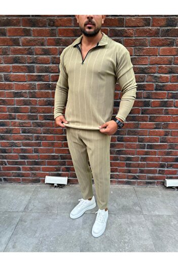 Baycombine35 Vertical Striped Ottoman Fabric Zipper Detailed Men's Tracksuit Set