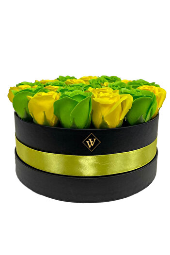 velve Aranjament floral Special Color in cutie rotunda cu 23 trandafiri sapun, Verde-galben