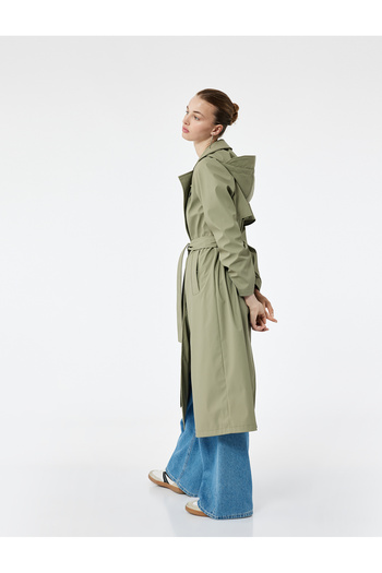 Koton Buttoned Belt Detailed Double Breasted Collar Detachable Hood Long Trench Coat