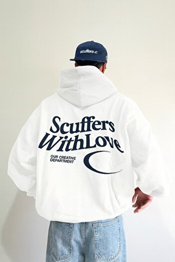 CLASSY.MODA Scuffers with Love Text Printed Hooded Sweatshirt Oversize Unisex Kangaroo Pocket