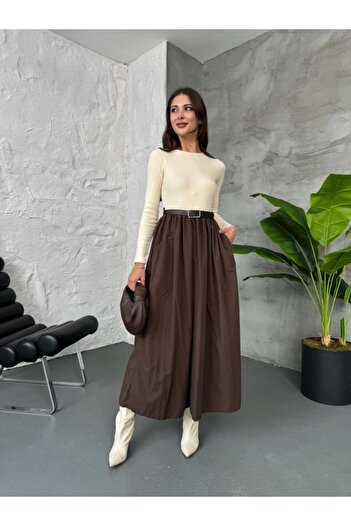 Elif Özbey Butik Kahve Kemerli Maxi Elbise