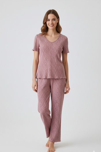 Elemge Women's Bamboo Seasonal Pajama Set Dusty Rose Regular Fit Bottom Top Set Short Sleeve Elastic Stretchy V