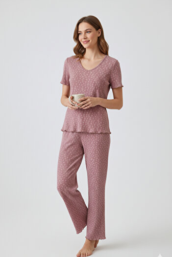 Elemge Women's Bamboo Seasonal Pajama Set Dusty Rose Regular Fit Bottom Top Set Short Sleeve Elastic Stretchy V