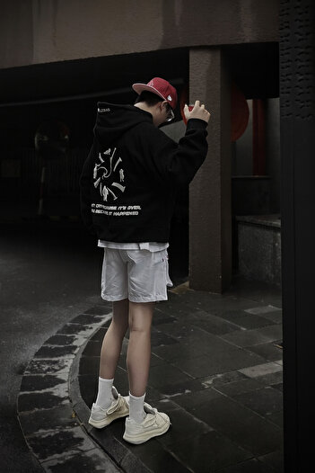 CLASSY.MODA Hooded Sweatshirt Front Round Symbol and Back Figure Print Unisex Casual Style