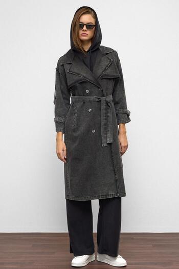 Olcay Oversize Denim Trench Coat with Epaulet and Cape Detail Anthracite 6789