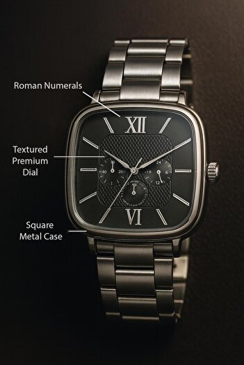 Eyiser Store Men's Wristwatch – Square Metal Case, Roman Numerals, Textured Premium Dial - in Special Box