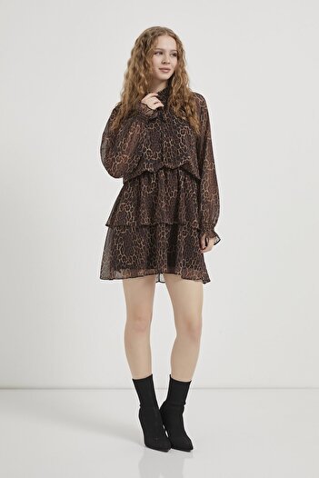 Arma Life Armalife 7969 Leopard Print Collar Tie-Up Chiffon Layered Mini Women's Dress