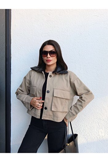 ESRAHELVACI Leather Collar Gabardine Jacket