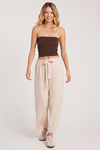 Tudors Women's Relax Fit Comfortable Cut Elastic Waist Tie Wide Leg Light Beige Trousers