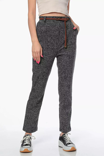 julude Anthracite Women's High Waist Self Patterned Belted Winter Trousers