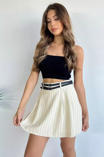 julude Beige Stripe Patterned Women's Pleated Shorts Skirt with Belt Accessories