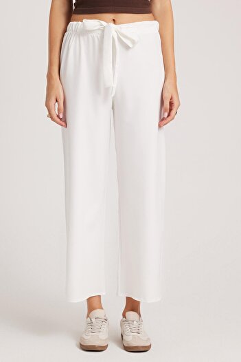Tudors Women's Relax Fit Comfortable Cut Elastic Waist Tie Wide Leg White Pants