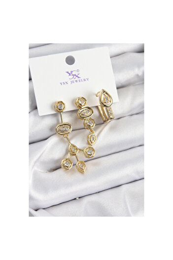 Clariss Brass Zircon Stone Geometric Model Gold Color 3-Piece Women's Earrings