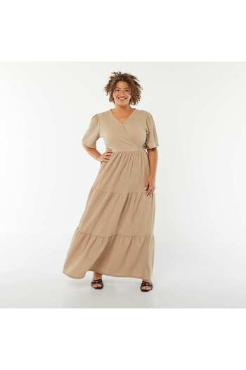 KIABI Long waffle-knit fabric dress with short sleeves and wrap collar BEIGE