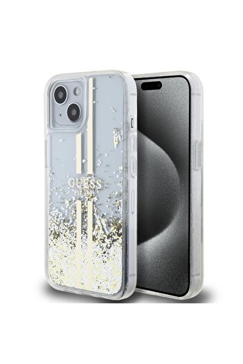 Guess Case for IPhone 15 Plus, Liquid Glitter Gold Stripes, - Transparent