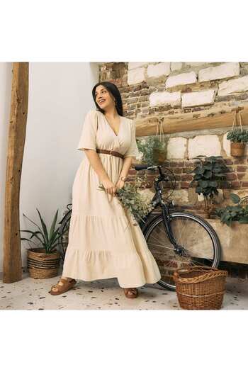 KIABI Long short-sleeved dress with tiered skirt BEIGE