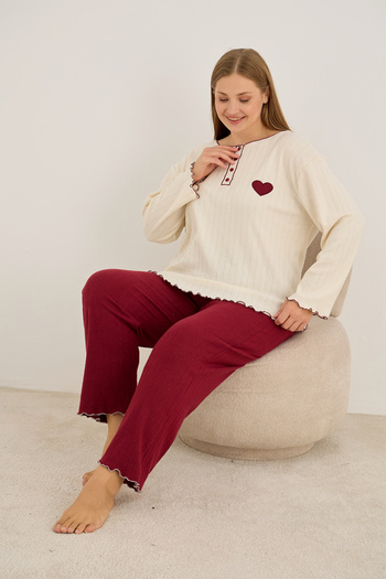 Siyah İnci Burgundy Heart Embroidery Large Size Knitted Interlock Pajama Set25228002