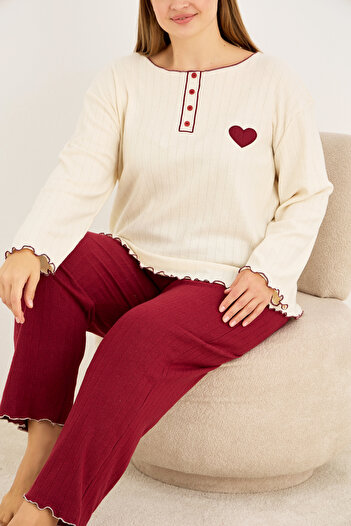 Siyah İnci Burgundy Heart Embroidery Large Size Knitted Interlock Pajama Set25228002