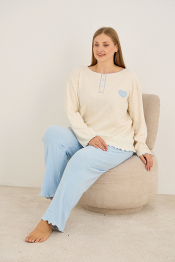 Siyah İnci Set de pijamale tricotate interlock cu broderie inimă albastră mărime mare25228002