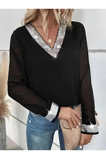 ARONA Mdb Women's Long Sleeve V Sequin Collar Imported Crepe Blouse