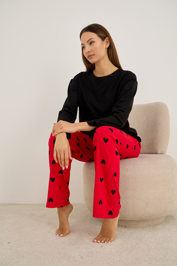 Siyah İnci Red Heart Patterned Cotton Knitted Pajama Set7948