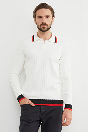 Fulla Moda Striped Ribbed Polo Collar Knitwear Sweater