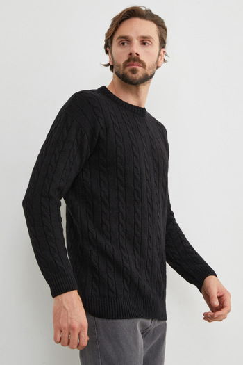 Fulla Moda Hair Braid Patterned Crew Neck Sweater