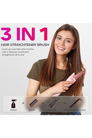 CONOYAR Steam Hair Straightener Brush, 3 in 1 Hair Straightening Brush with 4 Temperature Adjust, An