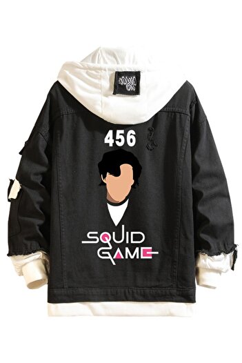 HALAMODO Squid Game Casual Buttons Hooded Denim Sweatshirt Youth Fake Two-Pieces Fall/Winter Daily Coat