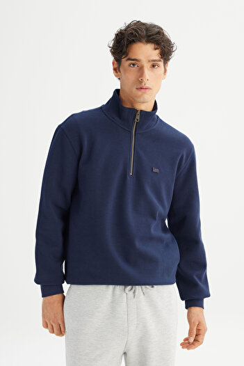 Lee Regular Fit Normal Cut Hooded Zippered Navy Blue Sweatshirt Jacket