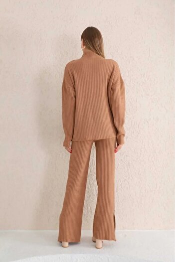 Cemre Life Women's Ribbed Collar Zippered Leg Slit Side Knitwear Set