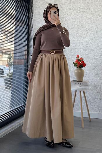MELEK ARAZ Elastic Waist Gabardine Flared Skirt – Camel